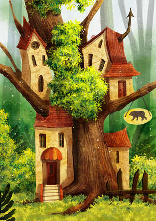 Cute tree house with grass, signboard and fence.の写真素材