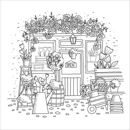 Cute summer and spring flower shop with roses, tree, door and window.のイラスト素材