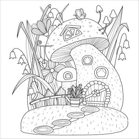 Mushroom house with grass, flowers, fence and watering can.のイラスト素材