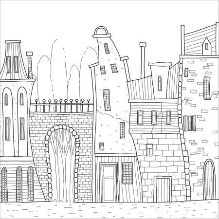 Cute street with cafe, houses, bridge and trees.のイラスト素材
