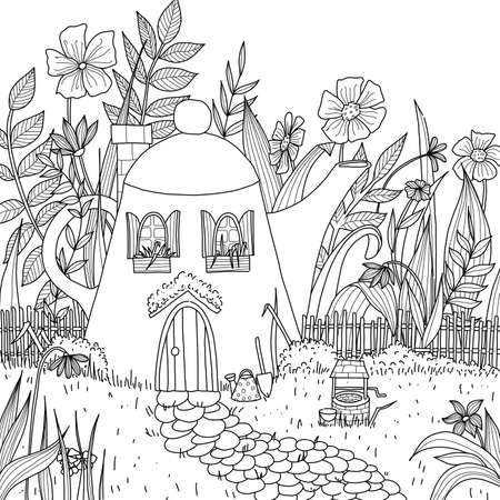Teapot house in the forest with flowers and well.のイラスト素材