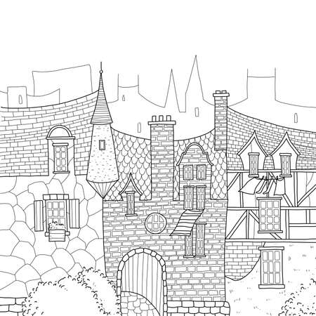 Medieval city street with houses and trees.のイラスト素材