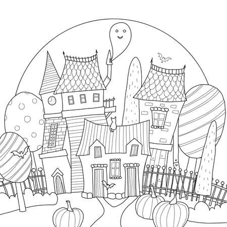 Old victorian house with cats, ghost, pumpkin, trees, moon and bat. Hand drawn coloring page.のイラスト素材