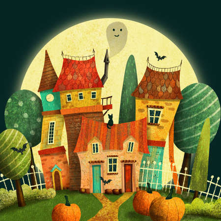 Old victorian house with cats, ghost, pumpkin, trees, moon and bat.の写真素材