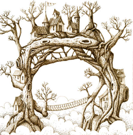 Hand drawn coloring page. Village on the tree with houses, branches, grass.の写真素材