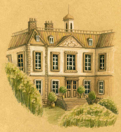 England old cottage with garden, trees and flowers. Hand drawn colored pencils illustration.の写真素材