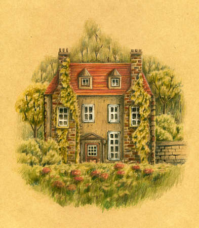 England old cottage with garden and flowers. Hand drawn colored pencils illustration.の写真素材