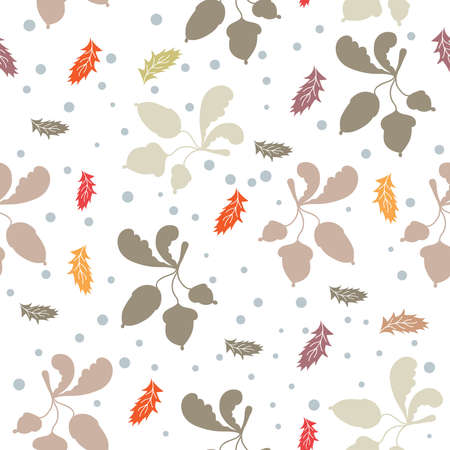 Late autumn vector seamless pattern. Falling leaves, acorns and snow on white background. Illustration for textile, wrap or wallpaper.のイラスト素材