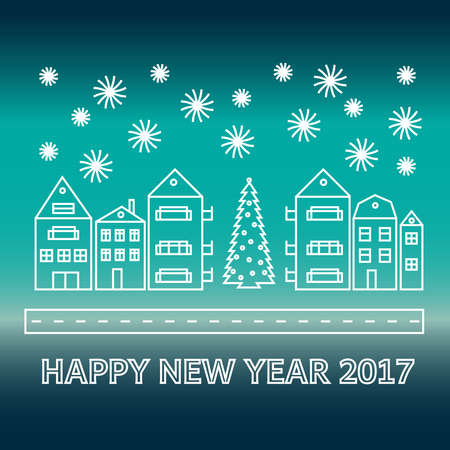 Happy New Year 2017 - greeting card with christmas tree, houses and falling snowflakes. Illustraton made in line style on blue background.のイラスト素材