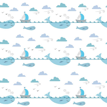 Illustration of marine life for kids. Seamless pattern. Whales, ships, clouds and wind on white background. Illustration for textile, wrap or wallpaper.のイラスト素材
