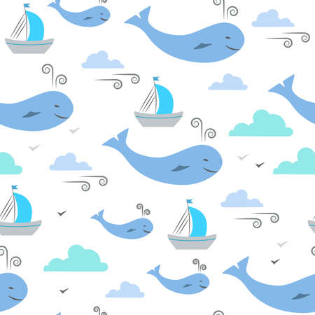 Simple illustration of marine life for kids. Seamless pattern. Whales, ships, clouds and wind on white background. Illustration for textile, wrap or wallpaper.のイラスト素材