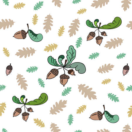 Seamless pattern with acorns and oak leaves on white background. Illustration for textile, wrap or wallpaper.のイラスト素材