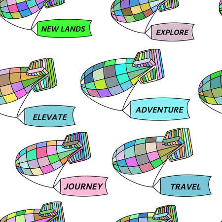 Vector seamless pattern of colorful blimps carrying flags with travelling and adventure words on white background. llustration for textile, wrap or wallpaper.のイラスト素材