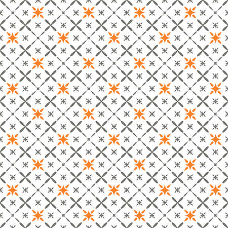 Seamless vector grid pattern with orange and gray floral elements on white background.Endless texture for documents, textile, wrap or wallpaper.のイラスト素材