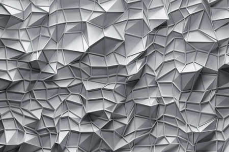 Polygonal three dimensional surface with triangles and frame on top in light gray colors. Digitally generated image. 3D illustration.の写真素材