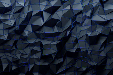 Abstract illustration of dark blue three dimensional triangles with shiny blue frame on top. Digitally generated image. 3D illustration.の写真素材