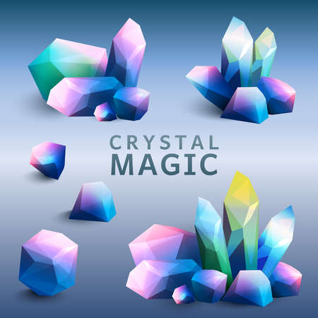 Vector illustration of a collection of colorful imagenary minerals with glowy edges in blue purple colors. Geometric shapes of gemstones and crystals wth shadows.のイラスト素材