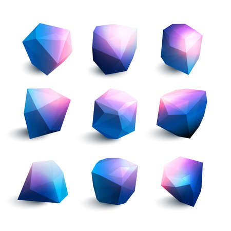 Vector illustration of a set of crystals with glowy edges in blue purple colors. Geometric shapes of crystals wth shadows.のイラスト素材