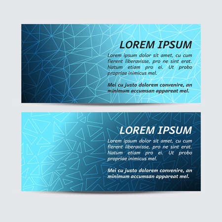 Vector two banner set with abstract geometric triangle patterns in blue colors with blank space for text. Buisseness cards.のイラスト素材
