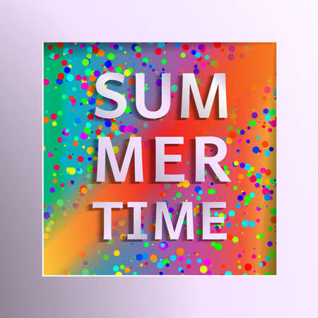 Vector illustration with words Summer Time in a frame and confetti on the backgorund in vibrant happy  colors.のイラスト素材