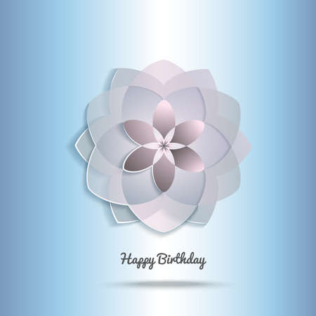 Vector illustration of greeting card with beautiful flower and greeting words - Happy Birthday. Siple, minimalistic abstract flower symbol on light blue background.のイラスト素材