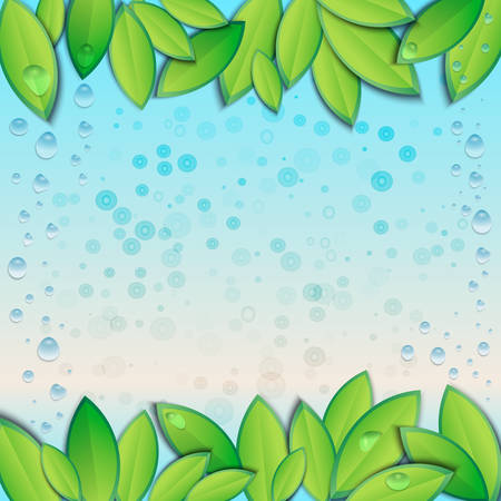 Vector illustration with fresh green leaves and water drops. Ecological template, banner, abstract background with blank space for text.のイラスト素材