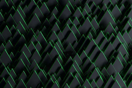 Abstract futuristic background with random black triangles with green edges. Pattern with geometric shapes. 3d illustration.の写真素材