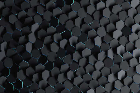 Abstract background with black randomly arranged hexagons. Futuristic backdrop wiht hexagonal black shapes and blue edges. 3D illustration. の写真素材