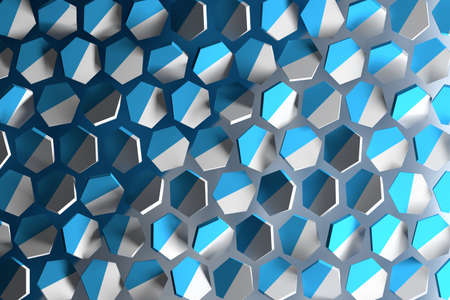 Abstract background with white and blue hexagonal shapes flying in space. Randomly arranged...