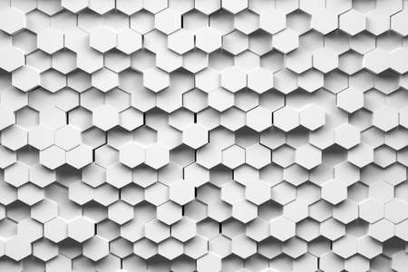 Abstract background with white hexagons. Many randomly arranged hexagonal shapes. 3d illustration.の写真素材