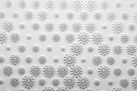 Abstract background with white snowflakes on white background. Backdrop for christmas or greeting cards. Many randomly arranged snoflakes. 3d illustration. の写真素材