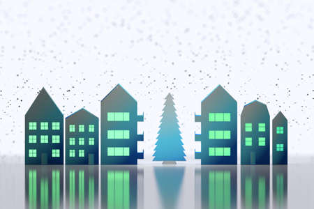 Illustration with christmas tree, houses with illuminated windows and falling snow. Christmas or Happy new year mock up. 3d illustration.  の写真素材