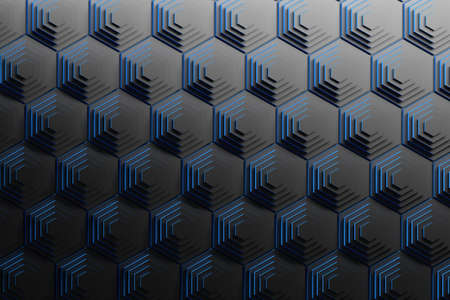 Abstract background with pyramids of black repeating hexagons with blue edges. Geometric scientific backdrop. 3d illustration.の写真素材