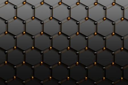 Abstract futuristic background with black hexagons and shiny golden and black spheres. Concept benzene molecules and carbon atoms. Geometric scientific backdrop. 3d illustration.の写真素材