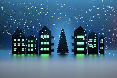 Illustration with Christmas tree, falling snow and houses with illuminated windows. Night outdoor view. Image with blank space for text. Christmas and Happy New year greeting card.の写真素材
