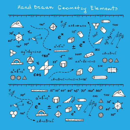 Vector illustration with hand drawn mathematics doodles. Geometry science elements on blue background.のイラスト素材