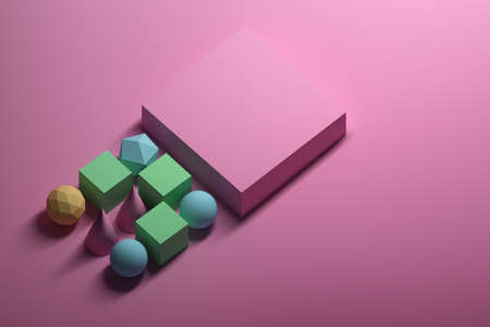 Set of multi-colored geometric shapes - spheres, polygons, cubes, cones and pink branding mock up...