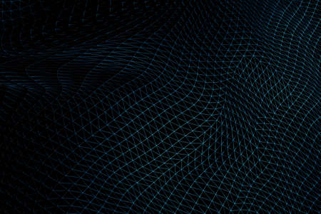 Abstract futuristic sci-fi background with triangular warped wireframe, curved line surface. 3d...