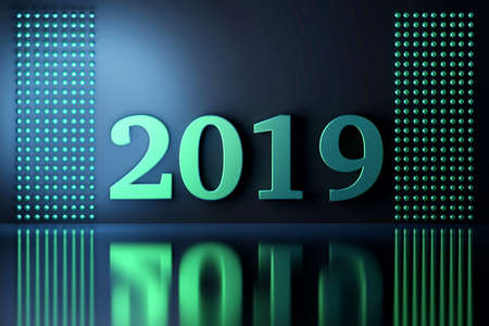 2019 greeting card in dark blue colors. 2019 numbers with decoration of reflective balls. 3d...