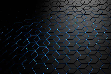 Futuristic background with a pattern of hexagons made of rhombuses illuminated by blue light....