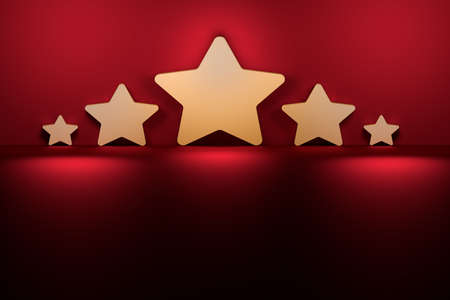 Five stars of various size next to the purple dark red wall illuminated by light. Image with copy...