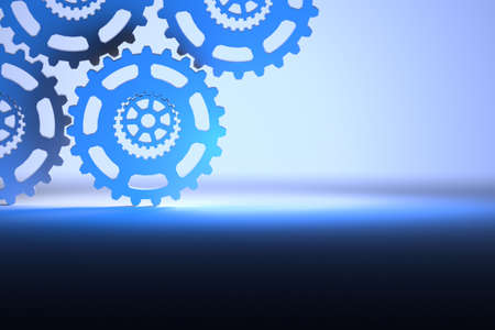 Beautiful technological background with gears in light blue and dark blue colors with copy blank space. 3d illustration.の写真素材