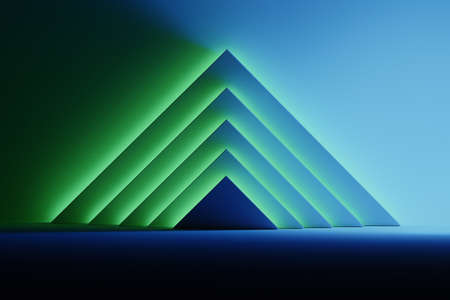 Abstract background with triangular shapes illuminated by blue and green glowing light over the dark surface. Room space with geometric primitive shapes pyramids. 3d illustration.の写真素材