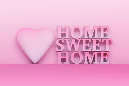 Illustration with words Home sweet home and large heat. Image in light pink colors. 3d illustration.の写真素材