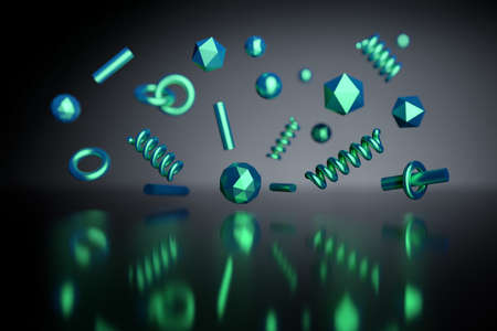 Many green metallic small geometric shapes primitives flying in space over dark reflective surface....