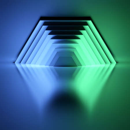 Black half hexagonal panels illuminated with neon blue and green light over the shiny reflective...