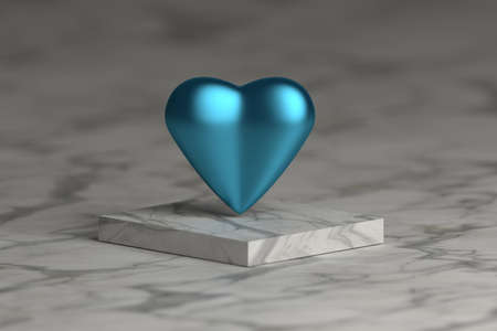 Blue shiny metallic heart flying over marble pedestal podium . 3d illustration.の写真素材
