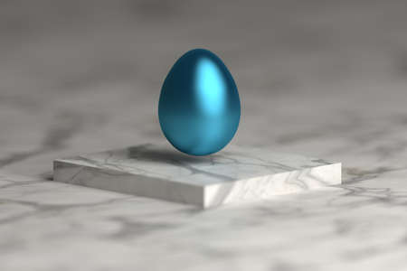 Greeting card with blue shiny Easter egg flying over the marble pedestal podium . Image with bokeh...