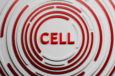 Concept illustration of CELL technology. Word text CELL with circles colored in red and white color....