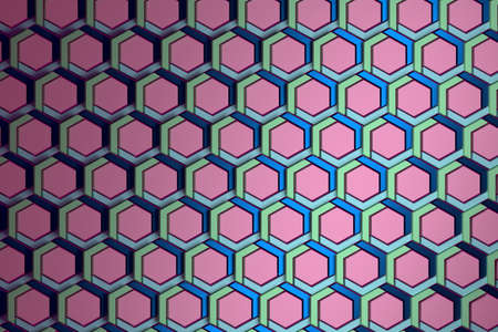 Geometric pattern with repeating structured hexagons colored in green blue and pink. 3d...